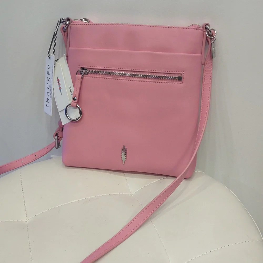 💖Thacker Pink Leather Crossbody Purse Handbag Adjustable Strap Zip Handbag NEW - Picture 3 of 11